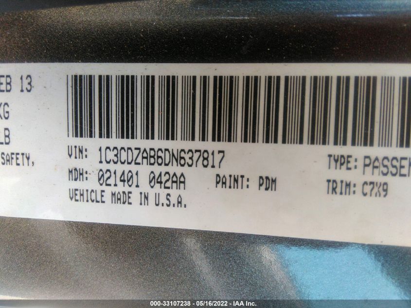 2013 DODGE AVENGER SE 1C3CDZAB6DN637817