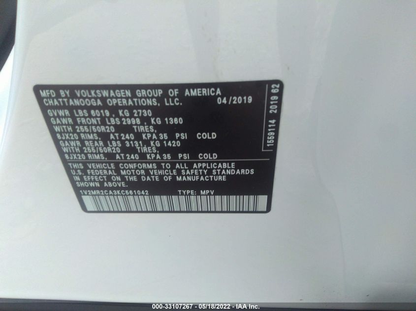 2019 VOLKSWAGEN ATLAS 3.6L V6 SEL 1V2MR2CA3KC561042