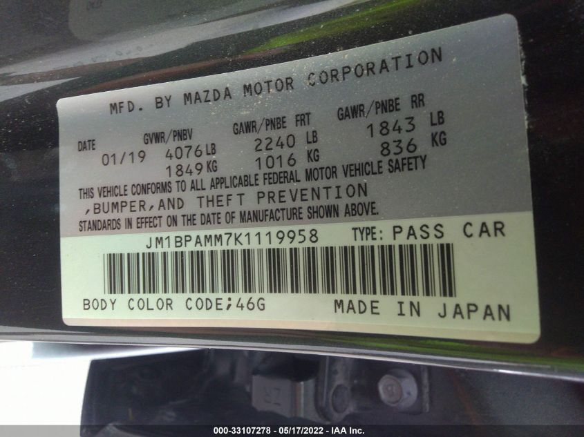 2019 MAZDA MAZDA3 HATCHBACK W/PREFERRED PKG JM1BPAMM7K1119958