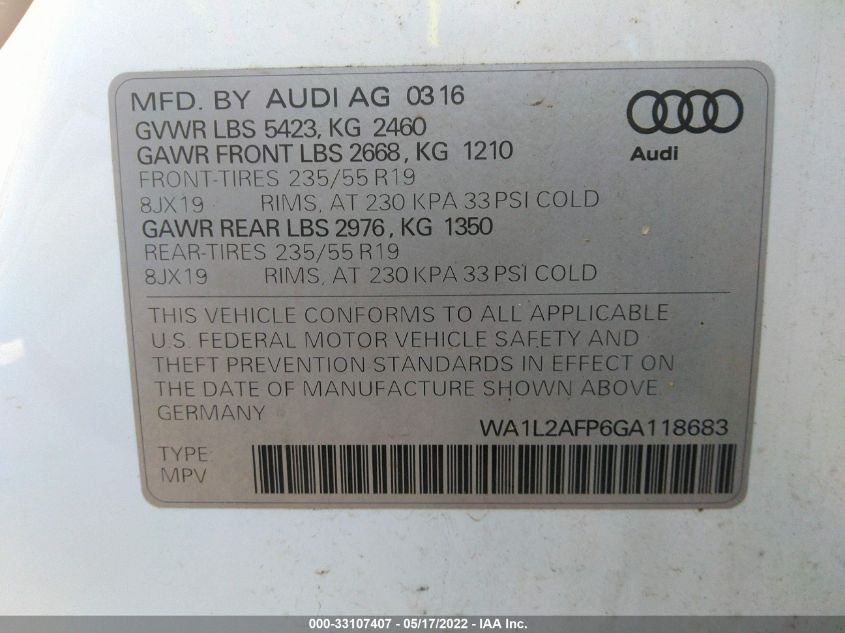 2016 AUDI Q5 PREMIUM PLUS WA1L2AFP6GA118683