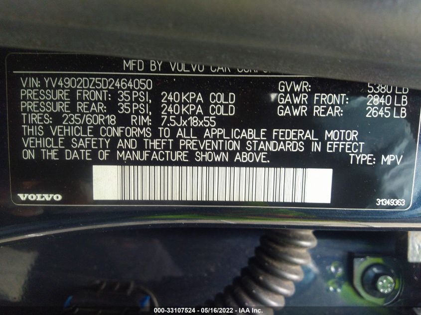 2013 VOLVO XC60 T6 YV4902DZ5D2464050