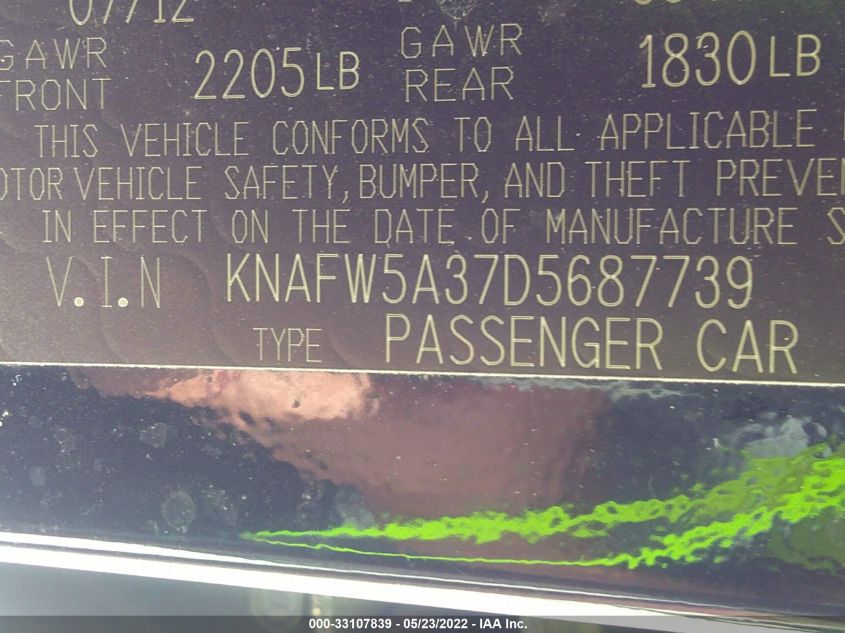 2013 KIA FORTE 5-DOOR SX KNAFW5A37D5687739
