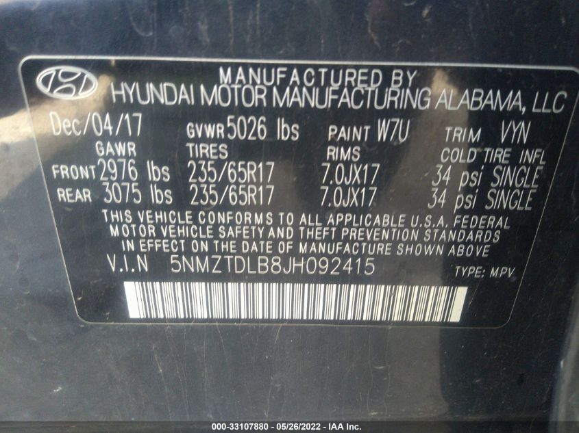 2018 HYUNDAI SANTA FE SPORT 2.4L 5NMZTDLB8JH092415