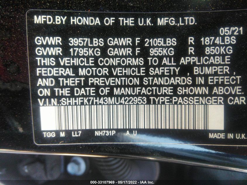 2021 HONDA CIVIC HATCHBACK SPORT SHHFK7H43MU422953