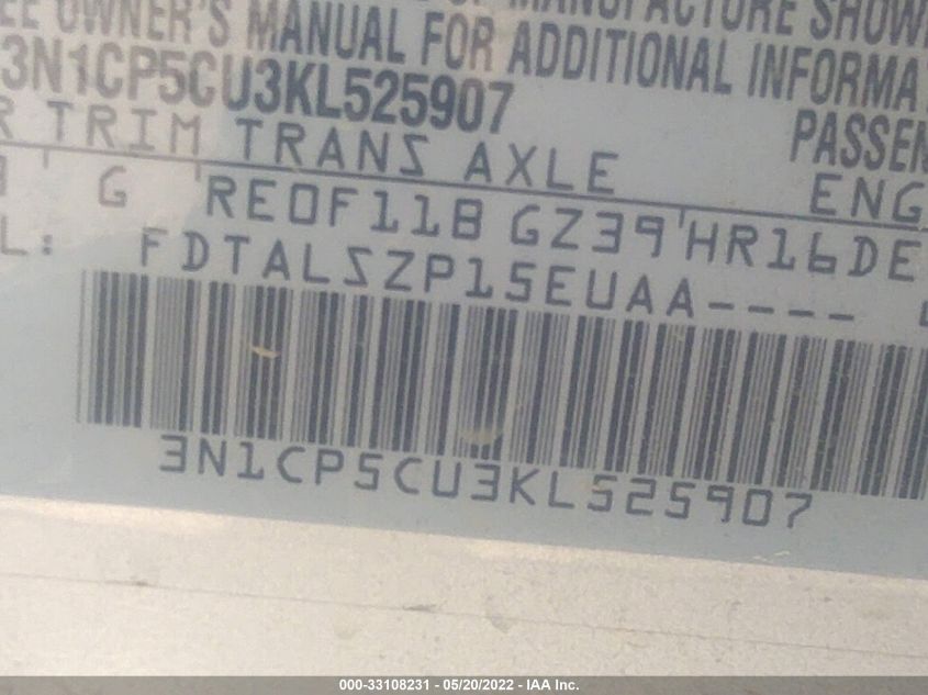 2019 NISSAN KICKS SV 3N1CP5CU3KL525907