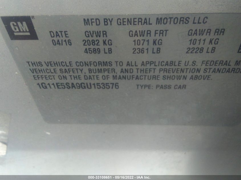 2016 CHEVROLET MALIBU LIMITED LTZ 1G11E5SA9GU153576