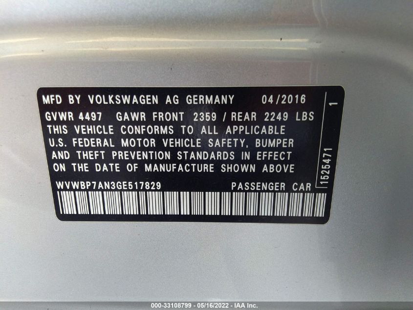 2016 VOLKSWAGEN CC SPORT WVWBP7AN3GE517829