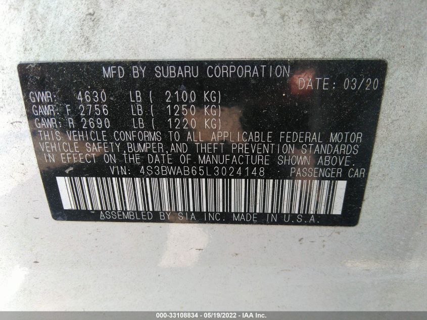 2020 SUBARU LEGACY 4S3BWAB65L3024148