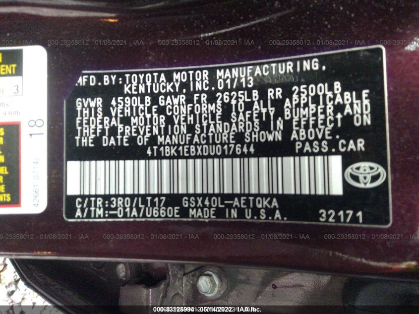 2013 TOYOTA AVALON XLE/LIMITED 4T1BK1EBXDU017644