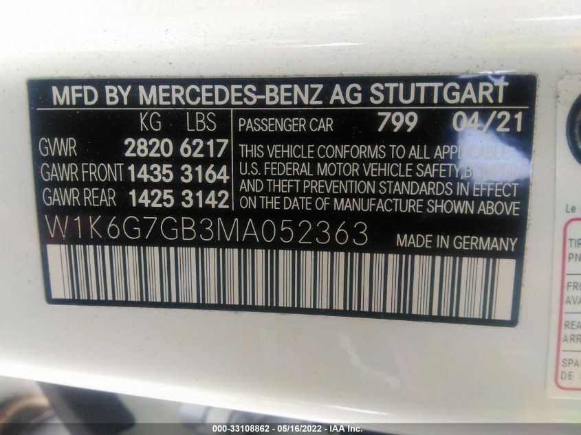 2021 MERCEDES-BENZ S-CLASS S 580 W1K6G7GB3MA052363