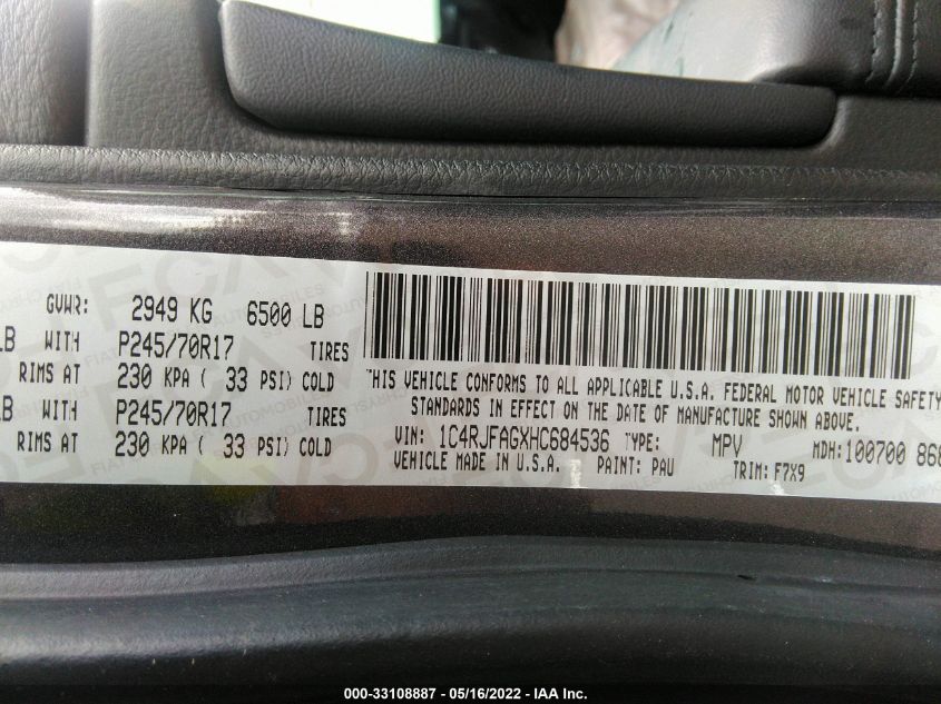 2017 JEEP GRAND CHEROKEE LAREDO 1C4RJFAGXHC684536