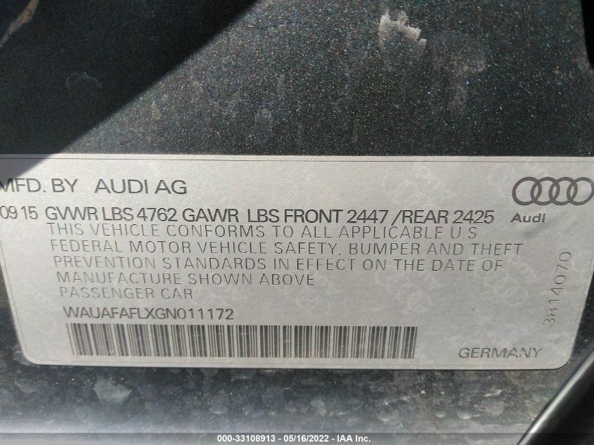 2016 AUDI A4 PREMIUM WAUAFAFLXGN011172