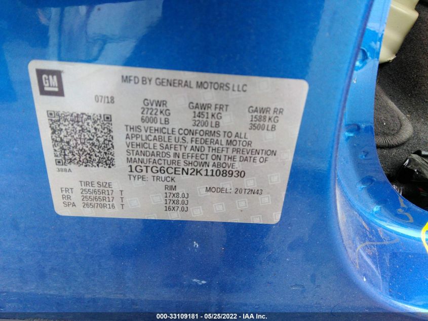 2019 GMC CANYON 4WD SLE 1GTG6CEN2K1108930
