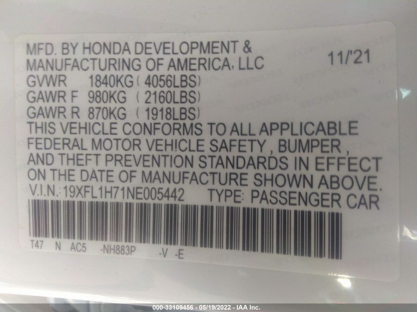 2022 HONDA CIVIC HATCHBACK EX-L 19XFL1H71NE005442