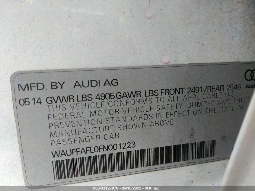 2015 AUDI A4 PREMIUM PLUS WAUFFAFL0FN001223