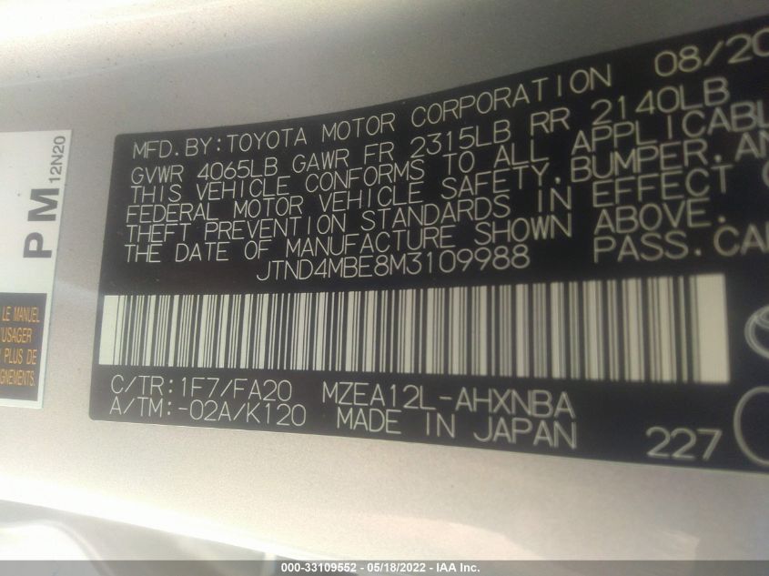 2021 TOYOTA COROLLA HATCHBACK SE/XSE/NIGHTSHADE JTND4MBE8M3109988
