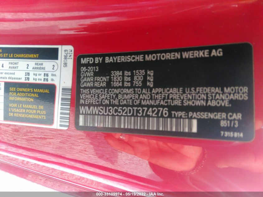 2013 MINI COOPER HARDTOP WMWSU3C52DT374276