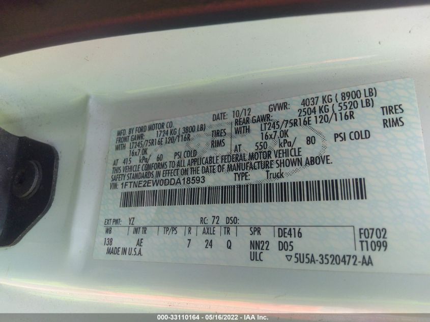 2013 FORD ECONOLINE CARGO VAN COMMERCIAL 1FTNE2EW0DDA18593