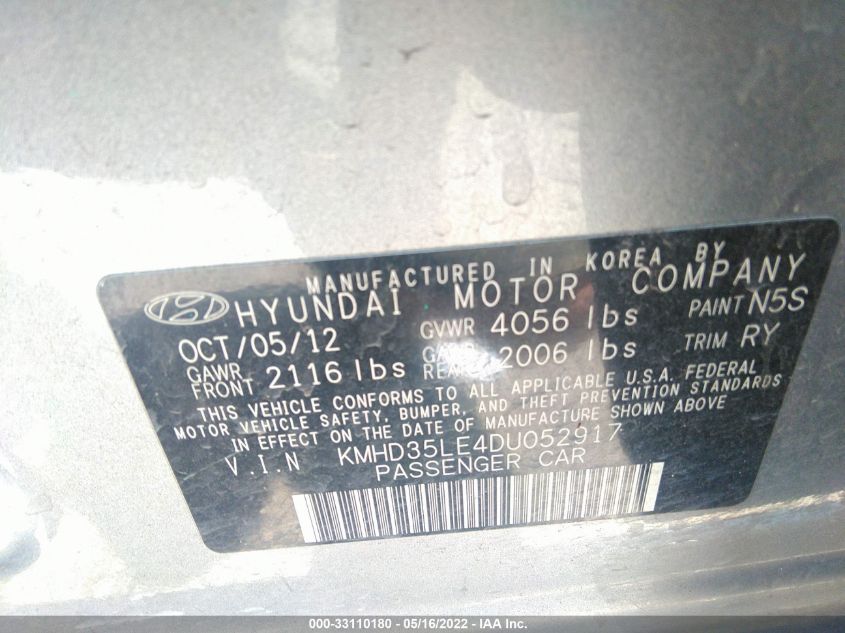 2013 HYUNDAI ELANTRA GT W/BLUE INT KMHD35LE4DU052917