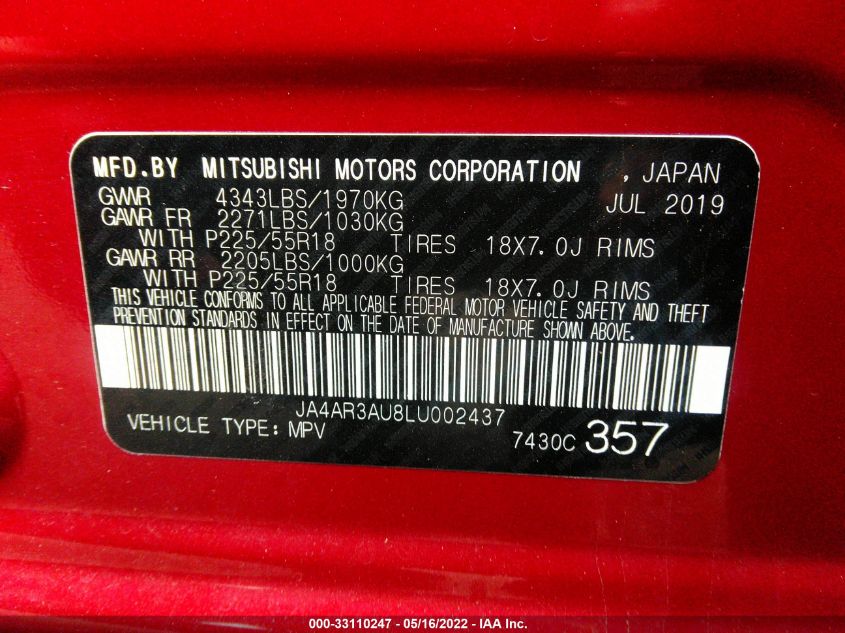 2020 MITSUBISHI OUTLANDER SPORT ES 2.0/SE 2.0 JA4AR3AU8LU002437
