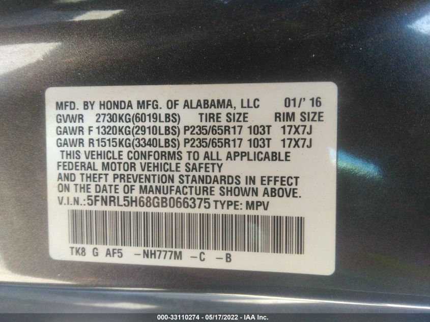 2016 HONDA ODYSSEY EX-L 5FNRL5H68GB066375