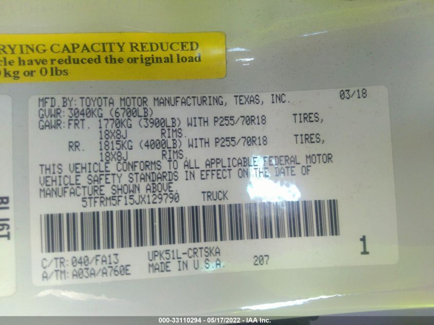 2018 TOYOTA TUNDRA 2WD SR/SR5/LIMITED 5TFRM5F15JX129790