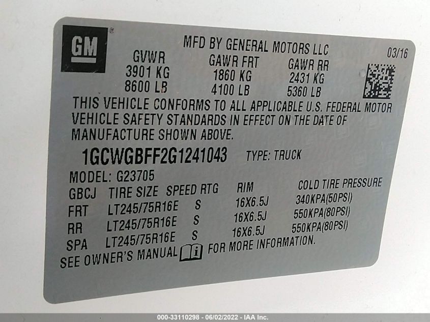 2016 CHEVROLET EXPRESS CARGO VAN 1GCWGBFF2G1241043