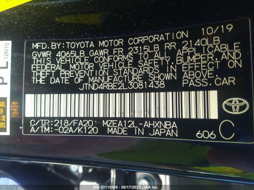 2020 TOYOTA COROLLA HATCHBACK SE/XSE/NIGHTSHADE JTND4RBE2L3081438
