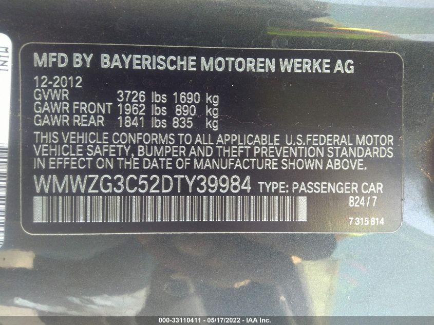 2013 MINI COOPER CLUBMAN S WMWZG3C52DTY39984