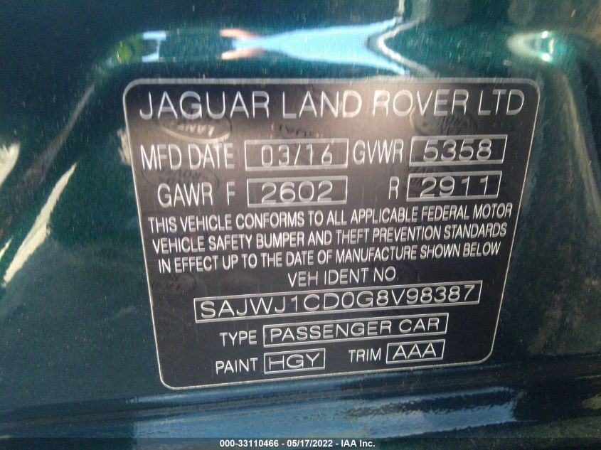 2016 JAGUAR XJ R-SPORT SAJWJ1CD0G8V98387