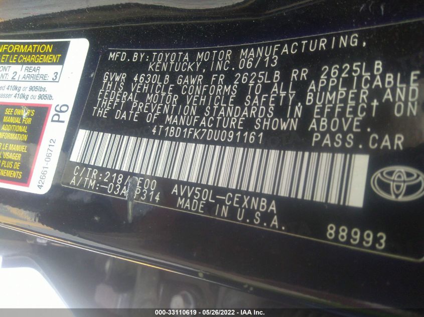 2013 TOYOTA CAMRY HYBRID HYBRID/LE/XLE 4T1BD1FK7DU091161