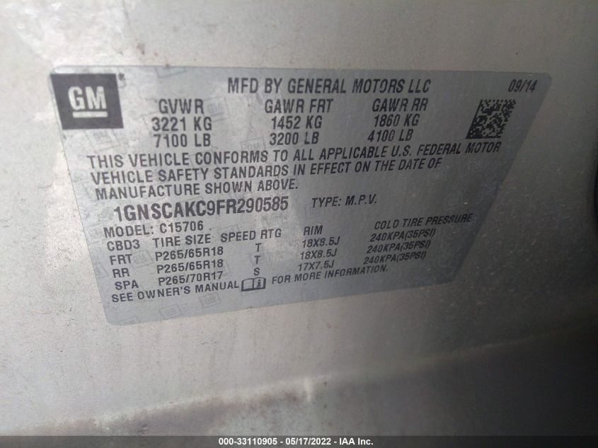 2015 CHEVROLET TAHOE LS 1GNSCAKC9FR290585