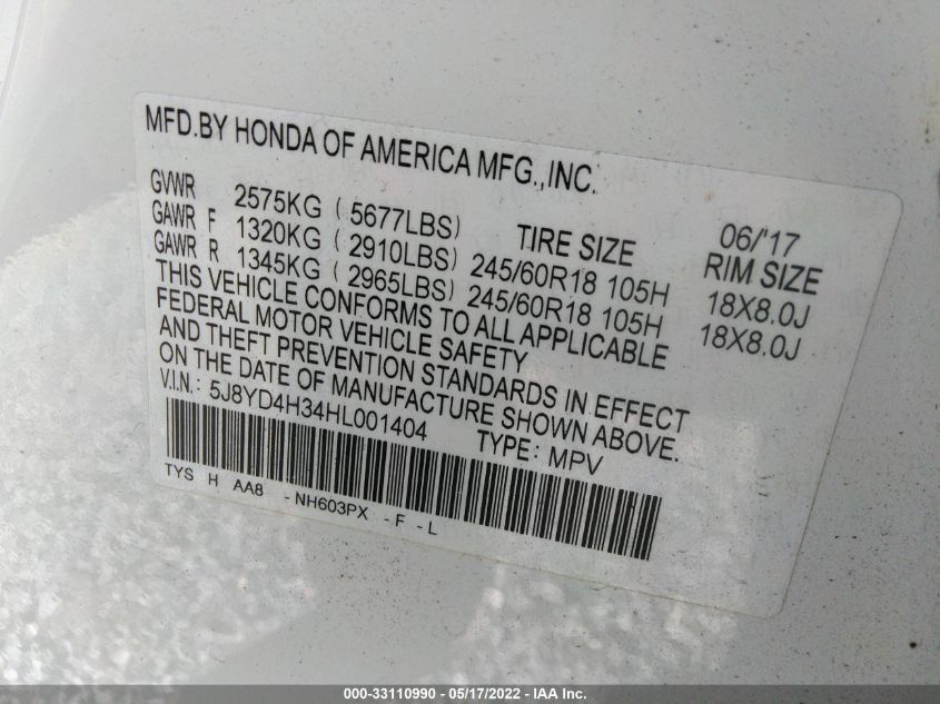 2017 ACURA MDX 5J8YD4H34HL001404