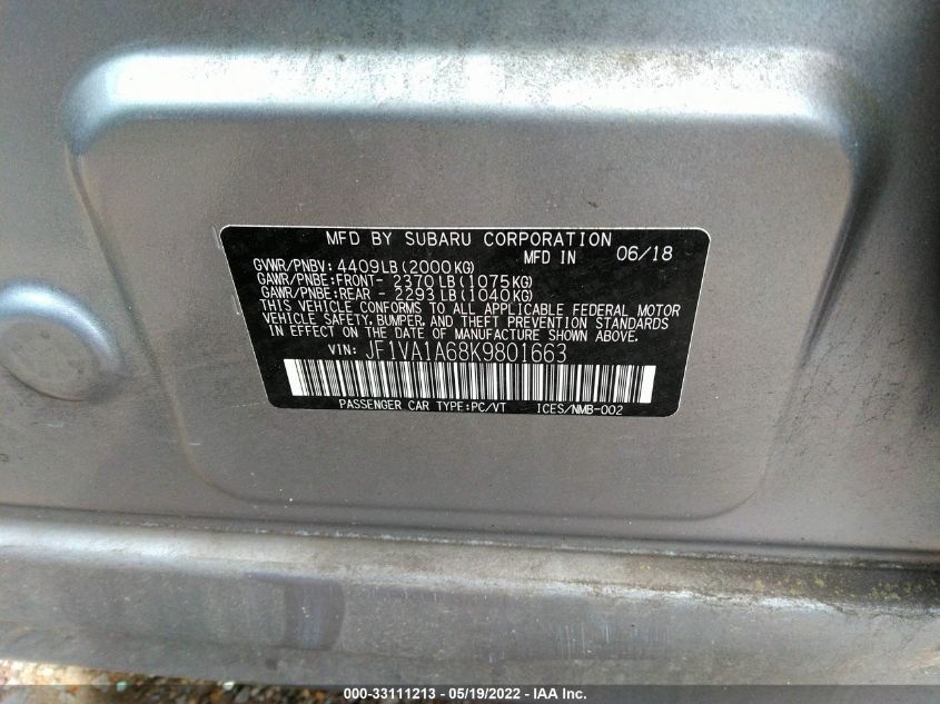 2019 SUBARU WRX JF1VA1A68K9801663