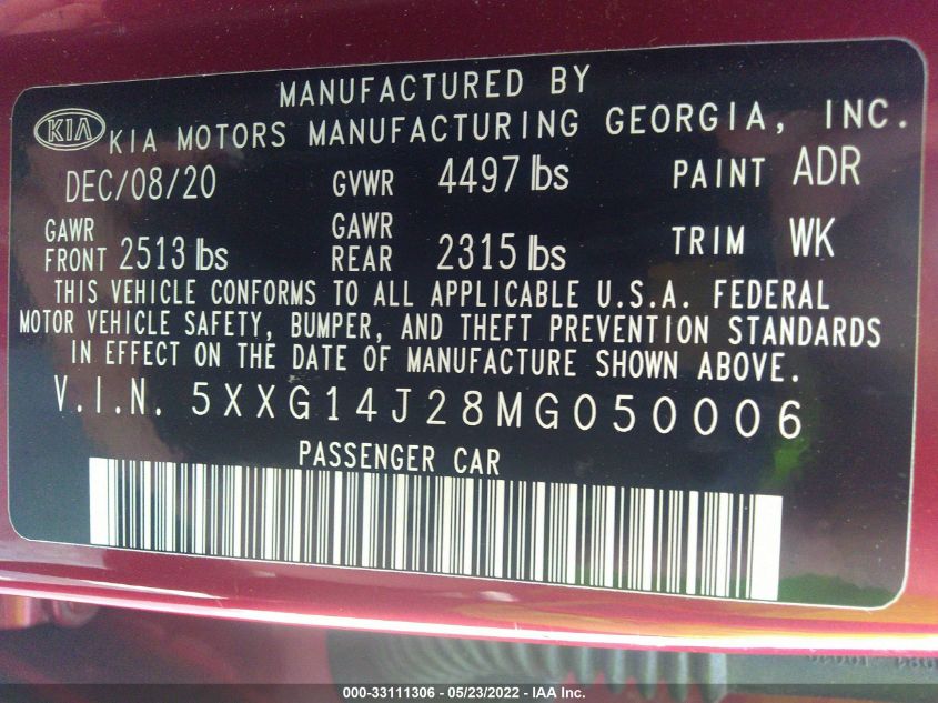 2021 KIA K5 LXS 5XXG14J28MG050006