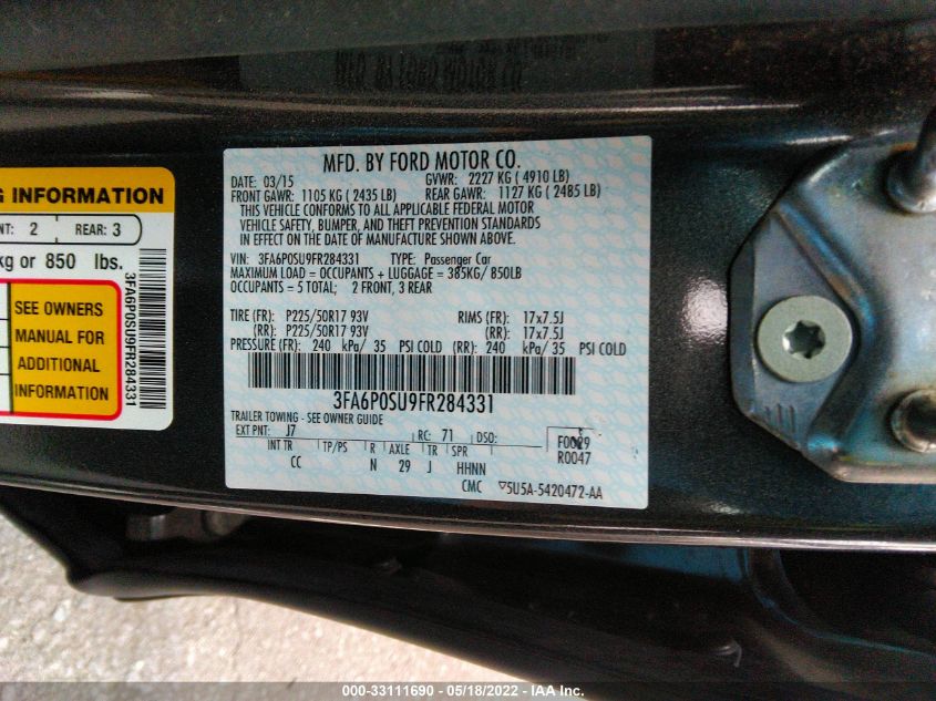 2015 FORD FUSION ENERGI TITANIUM 3FA6P0SU9FR284331