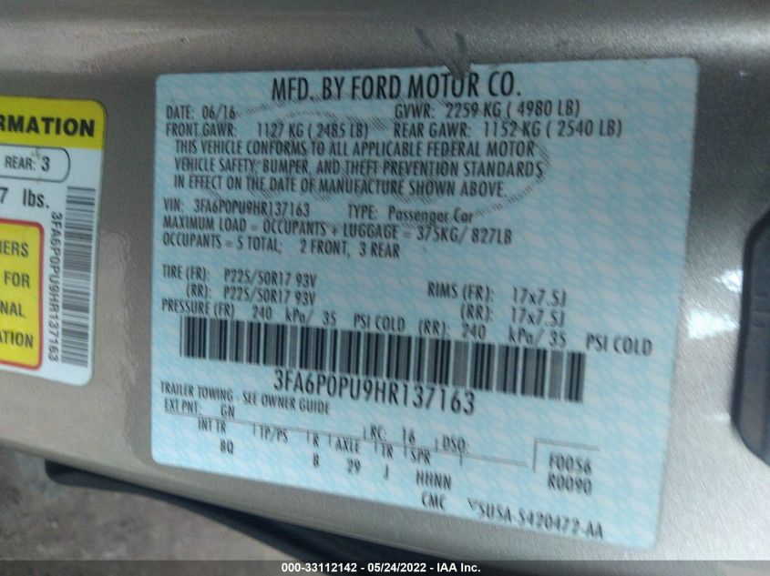 2017 FORD FUSION ENERGI SE 3FA6P0PU9HR137163