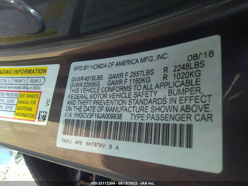 2018 HONDA ACCORD HYBRID 1HGCV3F19JA009938