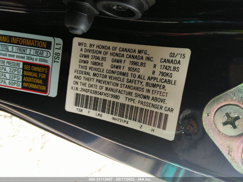 2015 HONDA CIVIC COUPE LX 2HGFG3B54FH519980