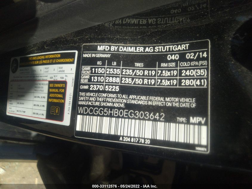 2014 MERCEDES-BENZ GLK-CLASS 350 WDCGG5HB0EG303642