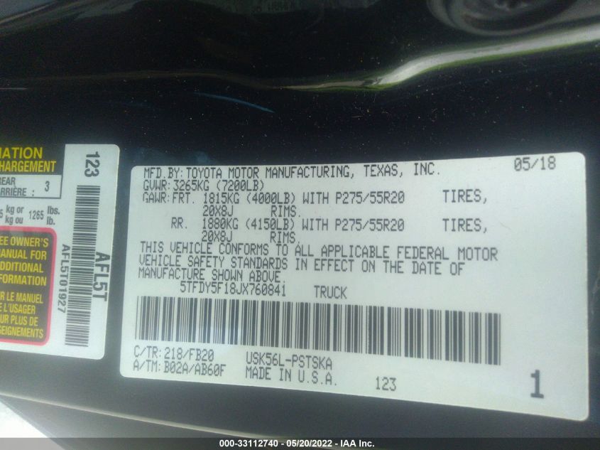 2018 TOYOTA TUNDRA 4WD SR5 5TFDY5F18JX760841