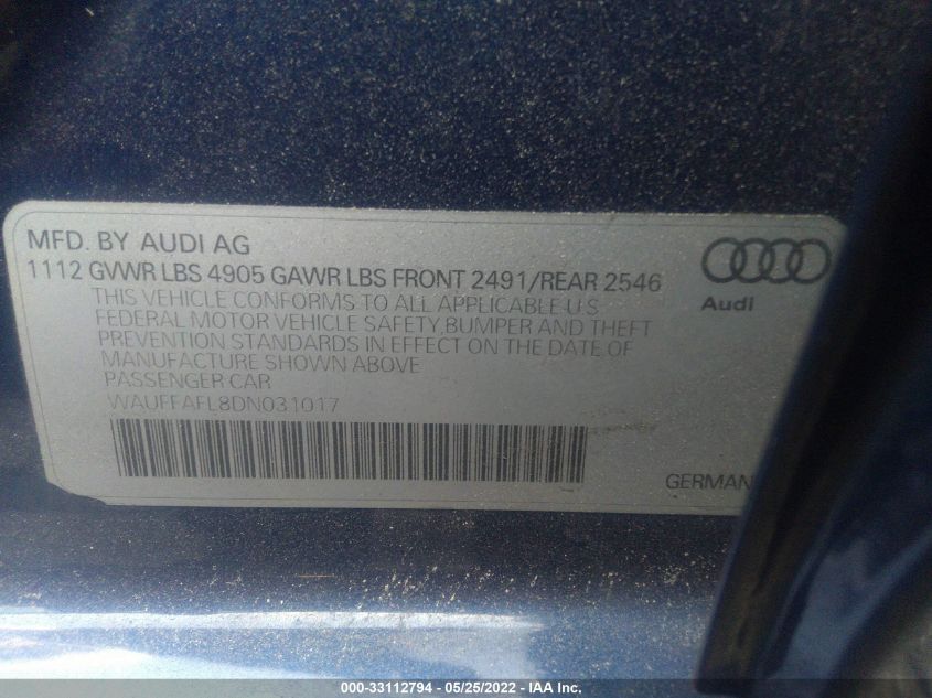 2013 AUDI A4 PREMIUM PLUS WAUFFAFL8DN031017
