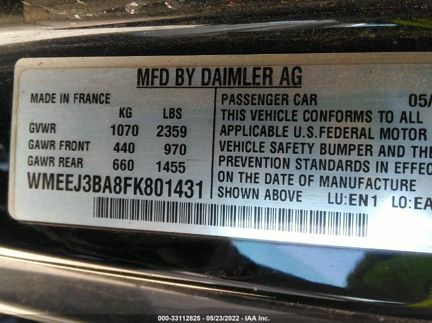 2015 SMART FORTWO PASSION/PURE WMEEJ3BA8FK801431