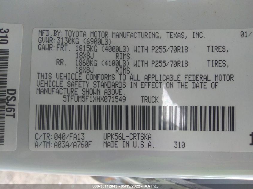 2017 TOYOTA TUNDRA 4WD SR/SR5 5TFUM5F1XHX071549
