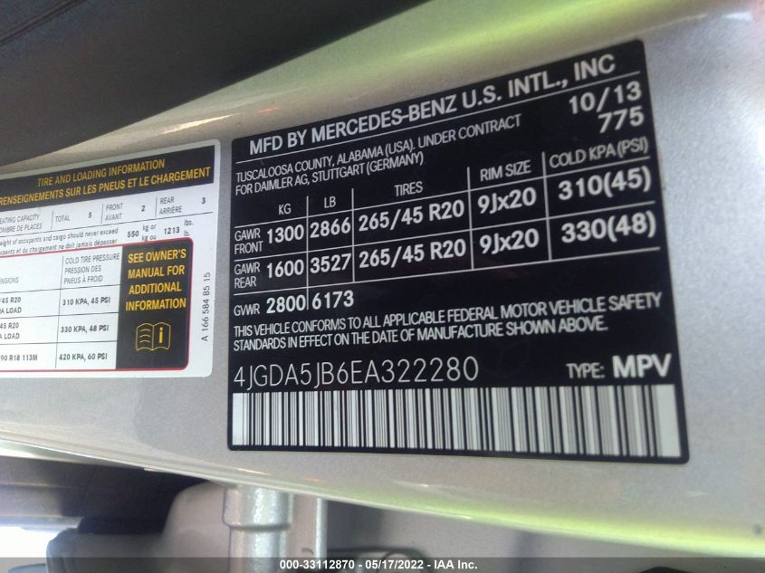 2014 MERCEDES-BENZ M-CLASS ML 350 4JGDA5JB6EA322280