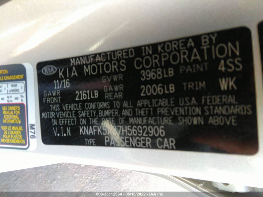 2017 KIA FORTE5 LX KNAFK5A87H5692906