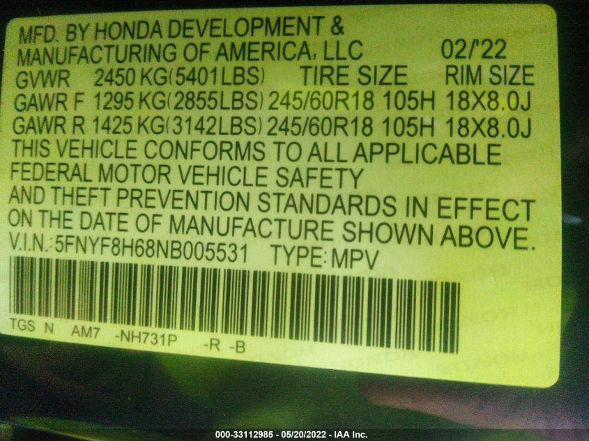 2022 HONDA PASSPORT TRAILSPORT 5FNYF8H68NB005531