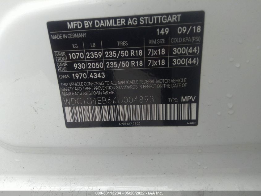 2019 MERCEDES-BENZ GLA GLA 250 WDCTG4EB6KU004893