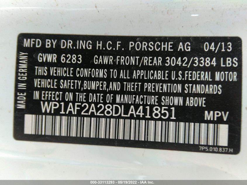 2013 PORSCHE CAYENNE DIESEL WP1AF2A28DLA41851