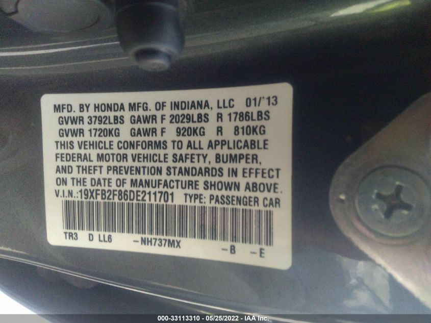 2013 HONDA CIVIC SDN EX 19XFB2F86DE211701